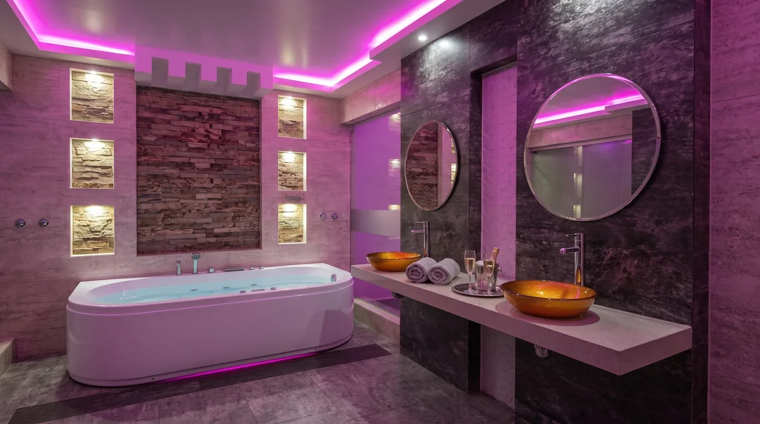 Jacuzzi privado de la habitación, con luz ambiental